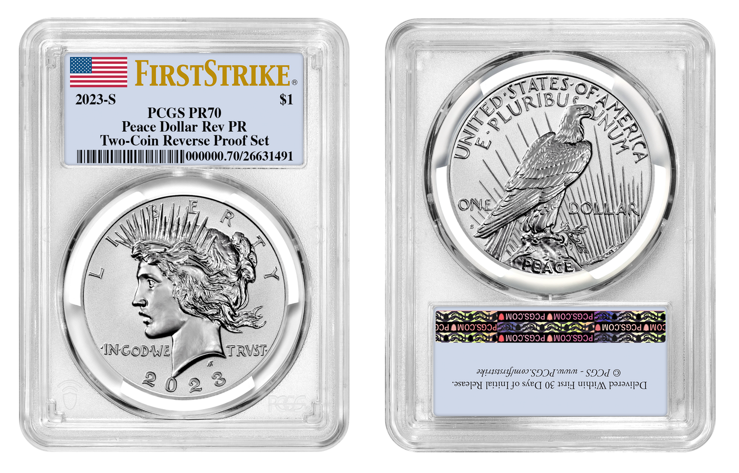 2023-S (PR70) Two Coin Set Reverse Proof $1 Morgan & Peace Silver Dollar FS PCGS