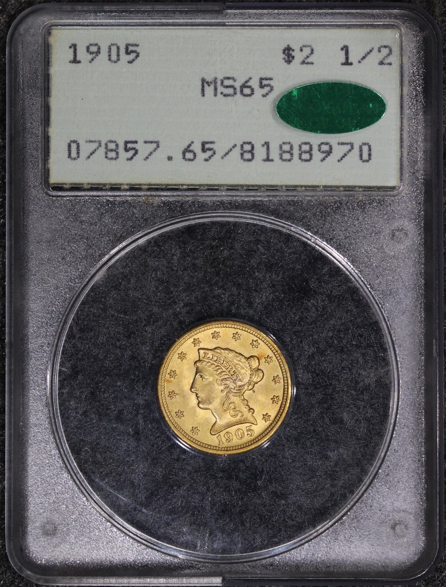 1905 (MS65 CAC) $2.50 Liberty Head Gold Quarter Eagle $2.5 Rattler Holder PCGS
