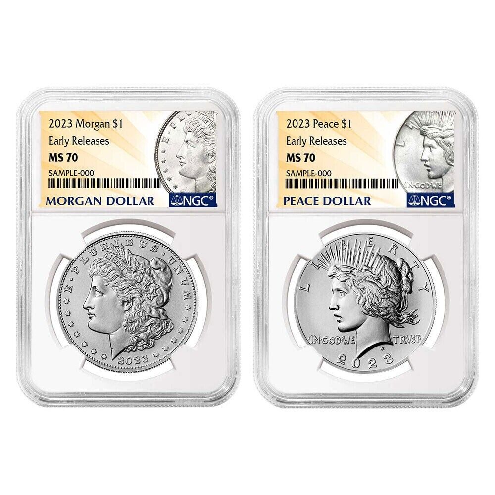 (elliot) (15 sets) 2023 Morgan & Peace Silver Dollar $1 (MS70) NGC First Releases FR- 2pc Coin Set