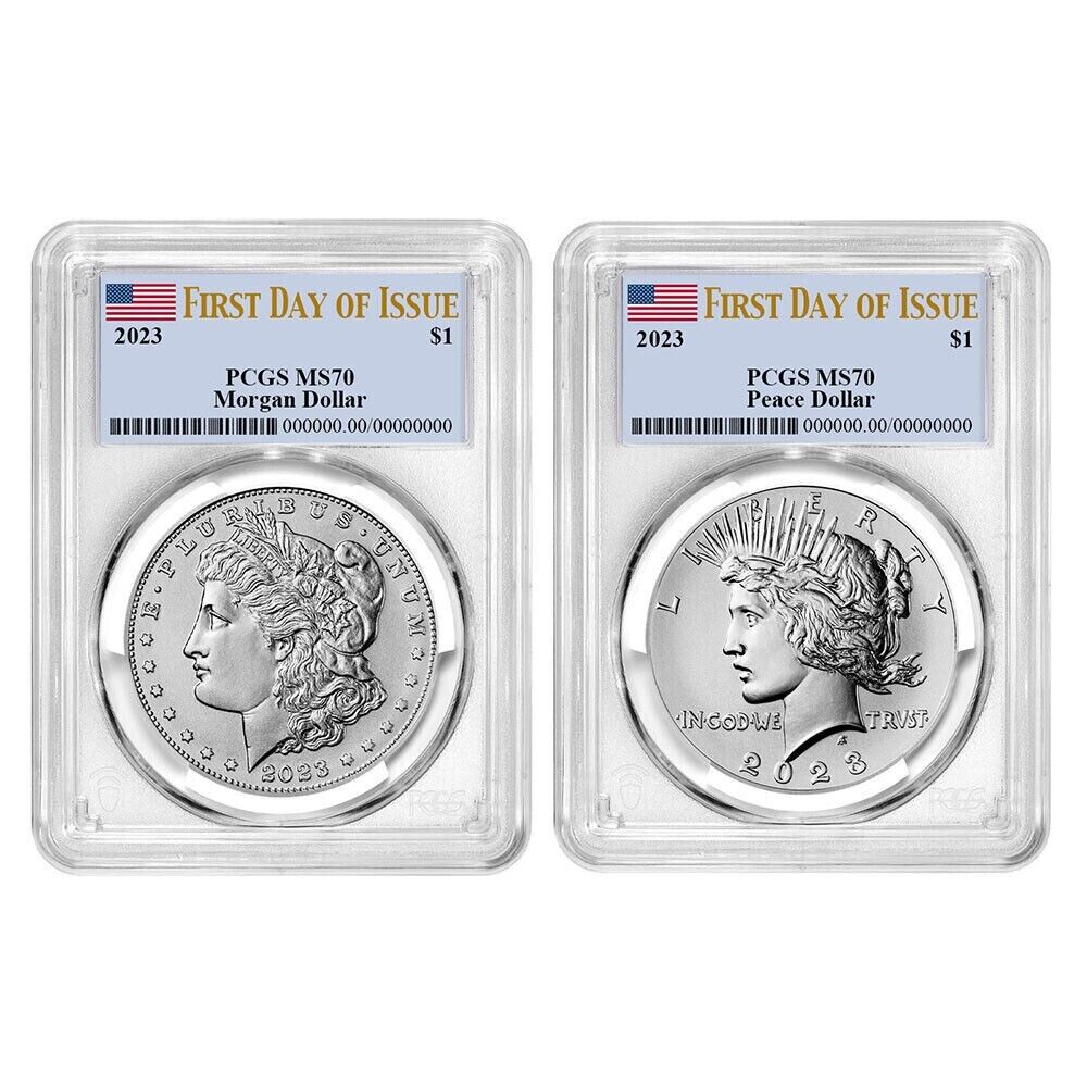 (elliot) 2023 Morgan & Peace Dollar $1 (MS70) PCGS First Day of Issue FDOI - 2pc Coin Set