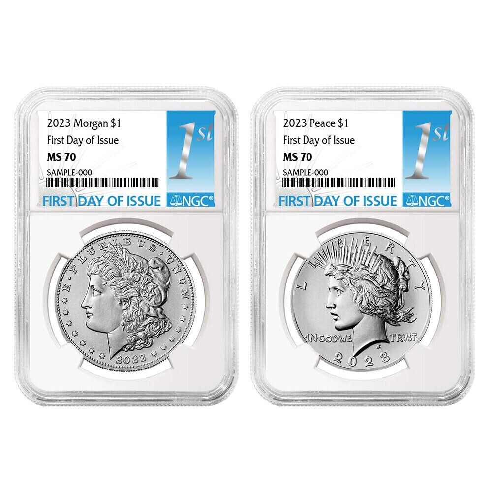 (elliot) 2023 Morgan & Peace Dollar $1 (MS70) NGC First Day of Issue FDOI - 2 pc Coin Set