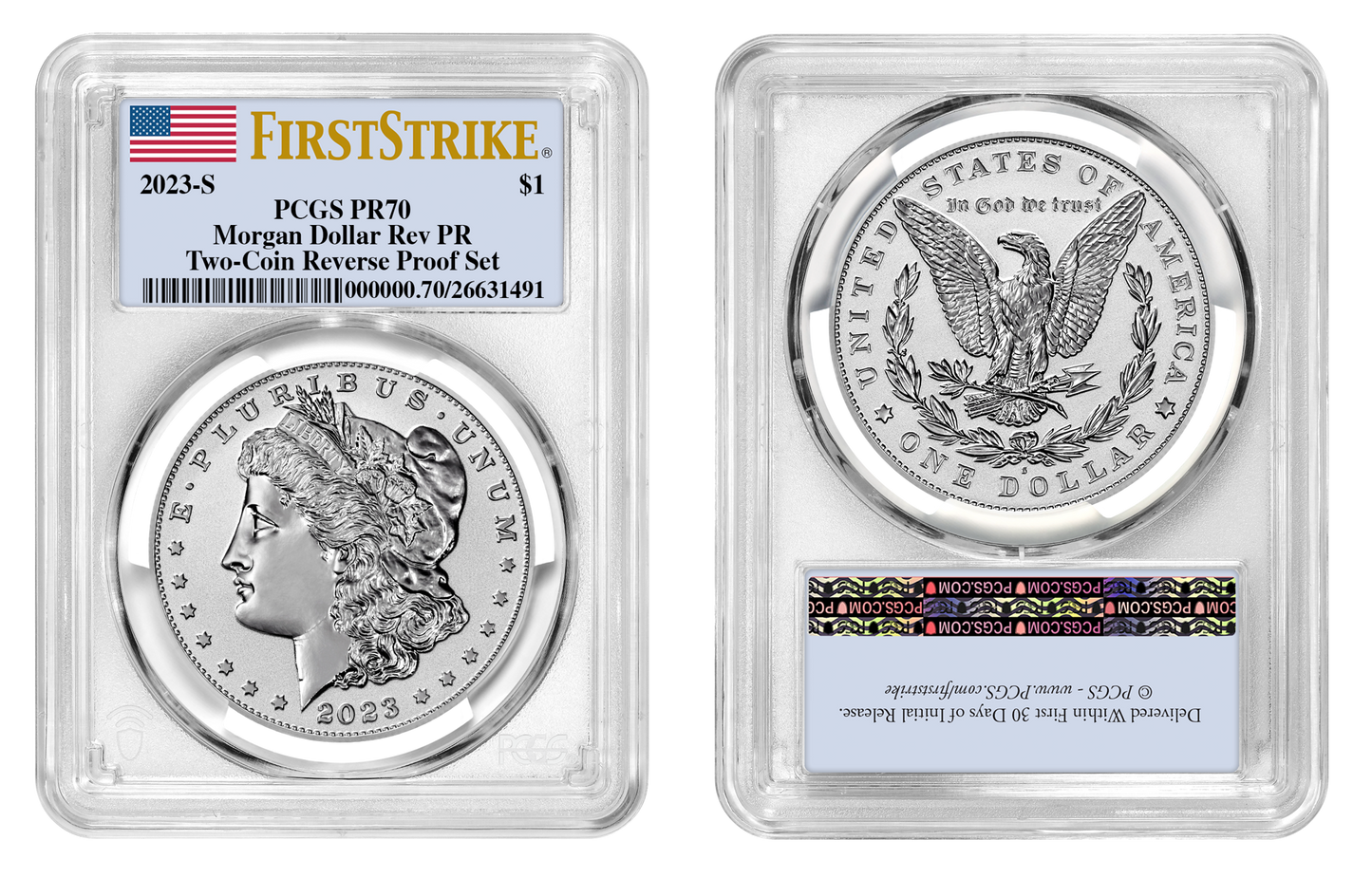 2023-S (PR70) Two Coin Set Reverse Proof $1 Morgan & Peace First Strike PCGS