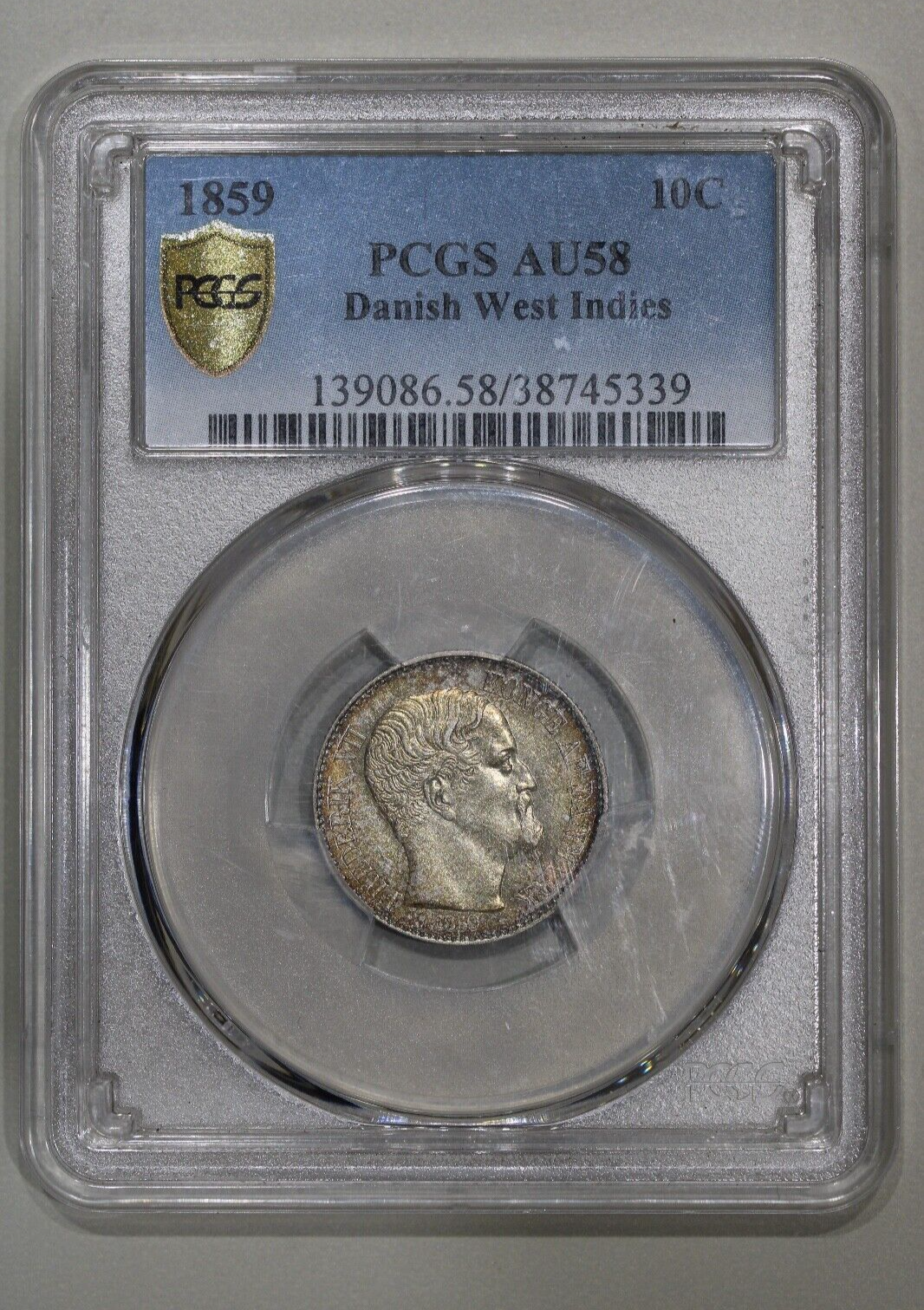1859 Danish West Indies 10 Cents Toned Silver Coin PCGS AU 58