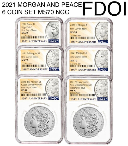 6 Coin Set (MS70) - 2021 Morgan Peace Dollar FDOI $1 NGC (P D S O CC Peace)