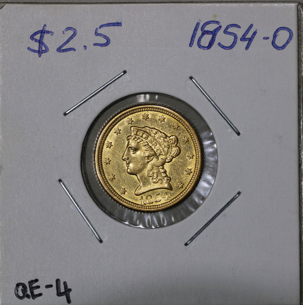 1854-O (AU/UNC) $2.50 Liberty Head Quarter Eagle Gold US Coin $2.5
