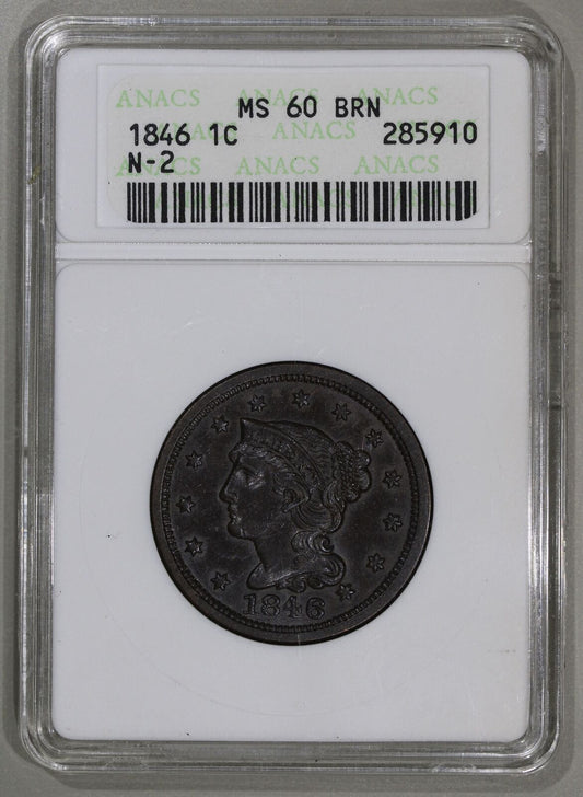 1846 (MS60 BN) Braided Hair Large Cent 1c N-2 ANACS Soapbox Graded Coin