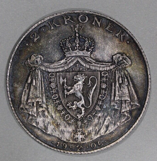 1906 Norway 2 Kroner Haakon VII - Norweigen Independance Toned UNC Silver Coin