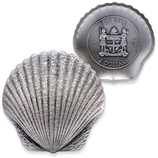 BRAND NEW Castaway Seashells: 2019 1oz Pure Silver SCALLOP Coin - $2 Fiji Coin