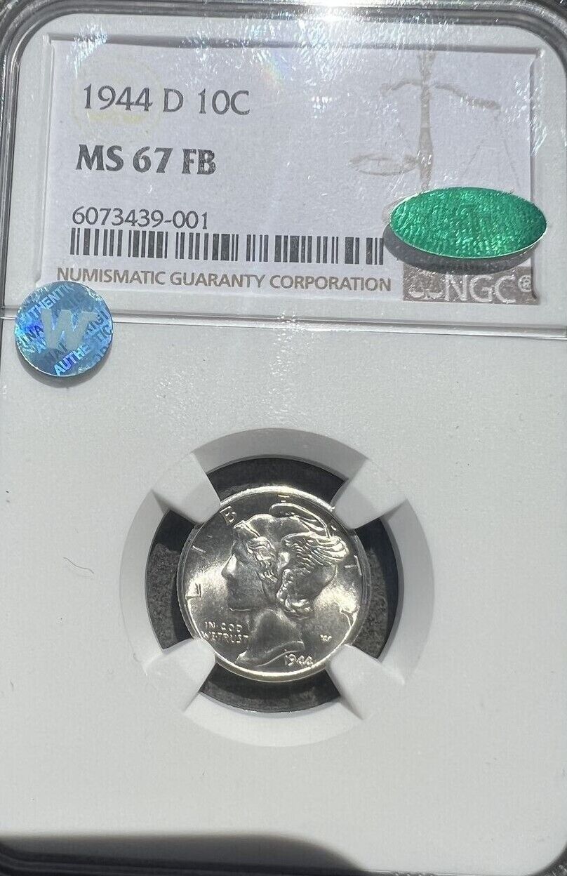 1944-D (MS67 FB CAC) Mercury Dime 10c Silver NGC Graded - Sight White