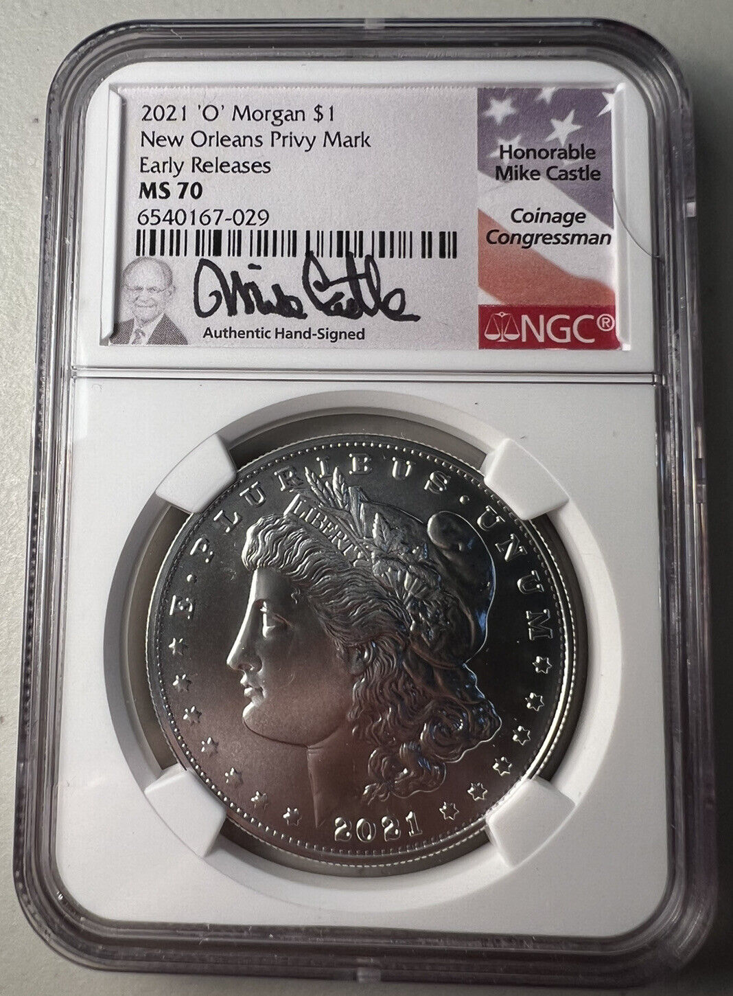 2021-O (MS70) Morgan Silver Dollar ER NGC - Signed Mike Castle - Early Released