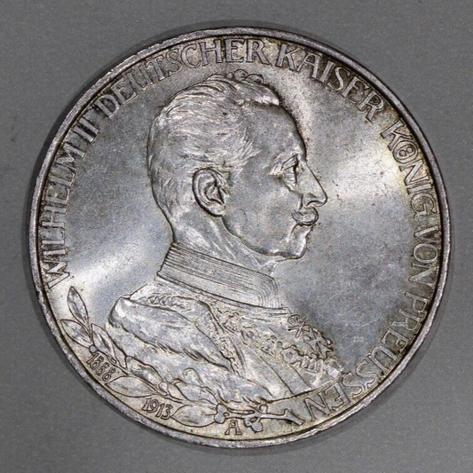 1913 Prussia 25th Anniversary Reign of King William II - 3 Mark UNC Silver Coin