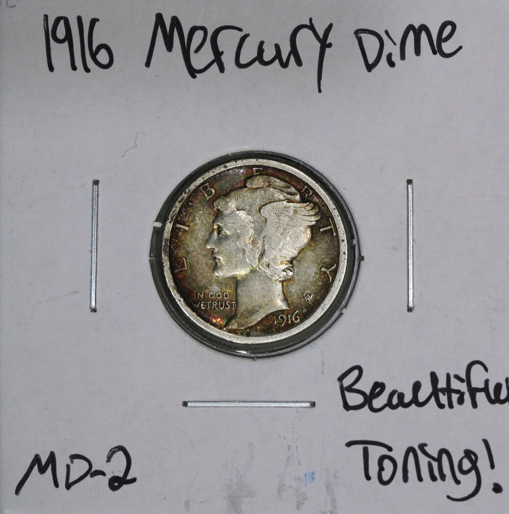 1916-P (AU) Mercury Dime 10c RAINBOW Toner - Toned About Uncirculated US Coin