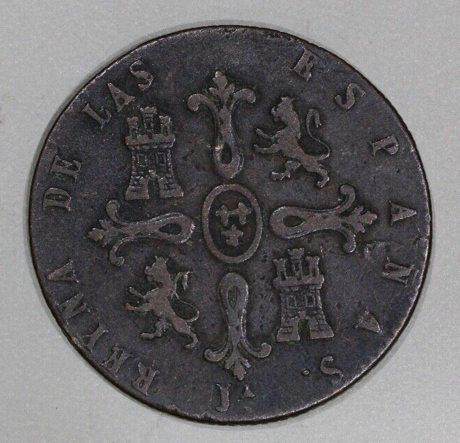 1837-Ja Spain 8 Maravedis Copper Coin
