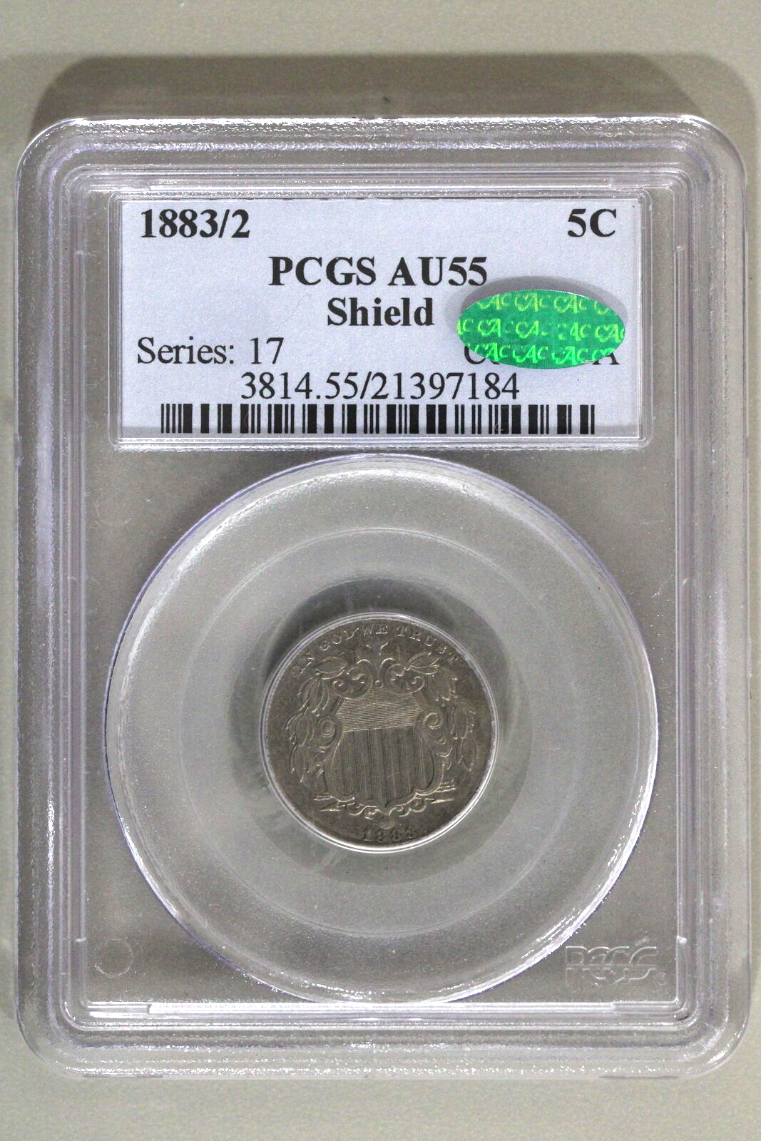 1883/2 (AU55 CAC) Shield Nickel 5c PCGS Graded Coin