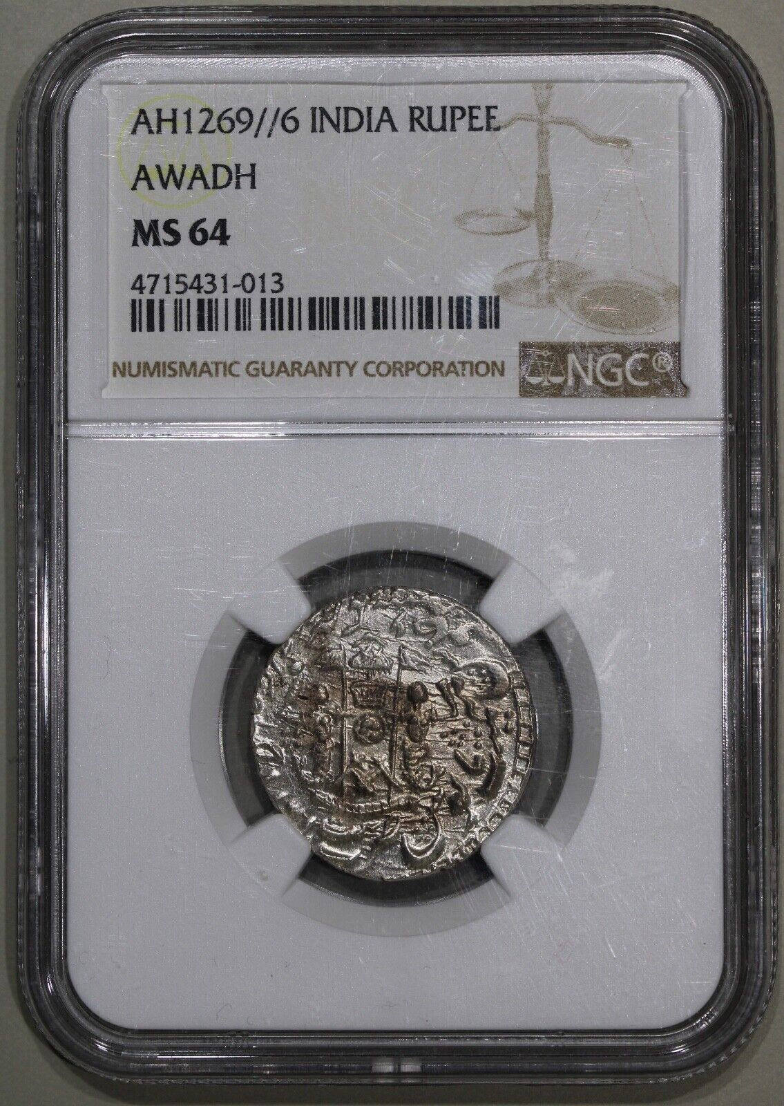 India Silver Rupee Awadh AH1269 6 Antique Coin NGC MS 64 Wajid Ali