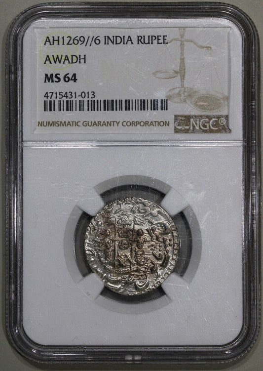 India Silver Rupee Awadh AH1269 6 Antique Coin NGC MS 64 Wajid Ali