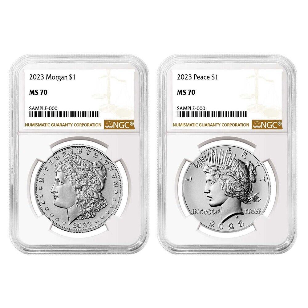 2023 Morgan & Peace Silver Dollar $1 (MS70) NGC Brown Label - 2pc Coin Set