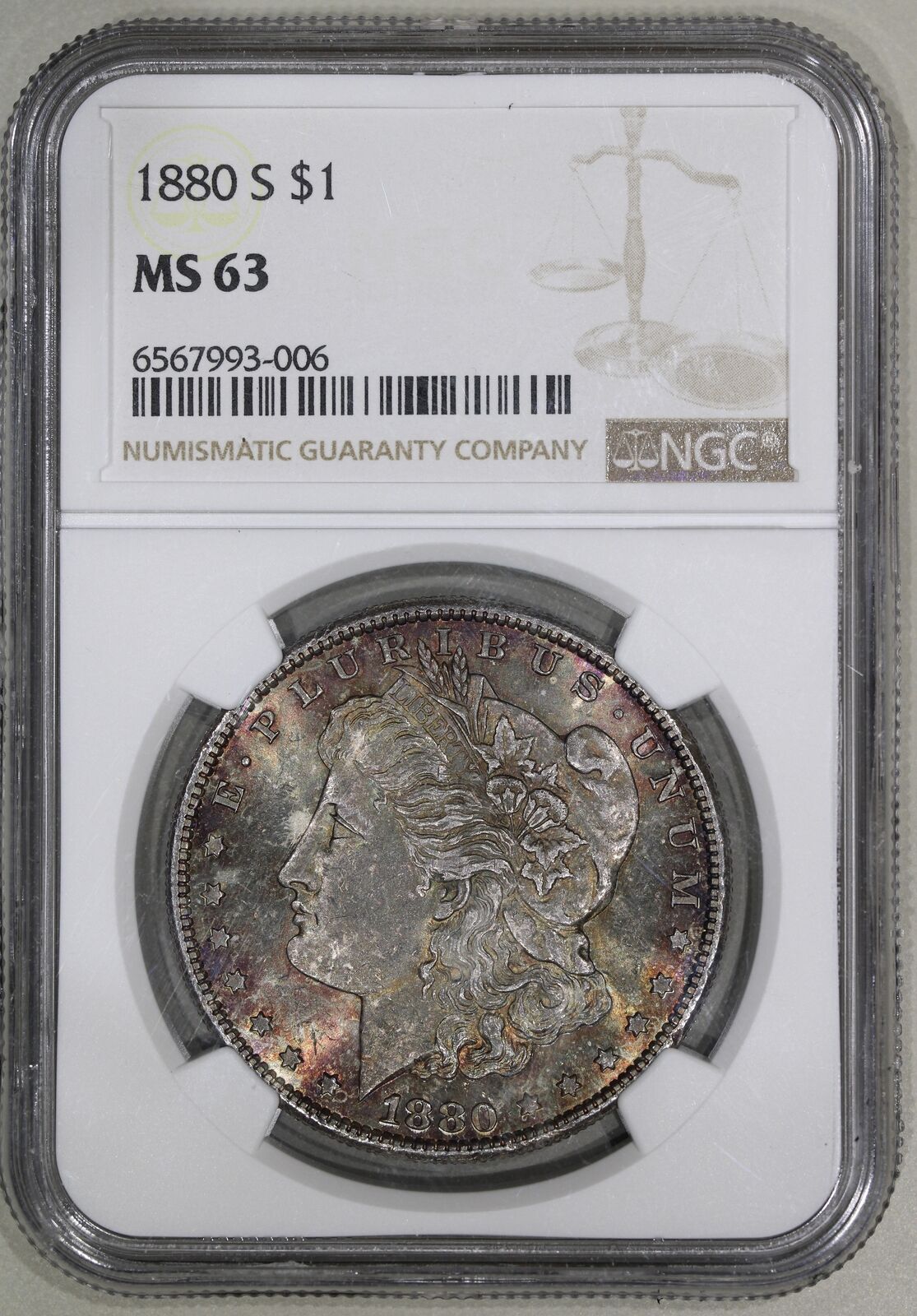 1880-S (MS63) Morgan Silver Dollar $1 NGC Graded Coin - Double sided toning!
