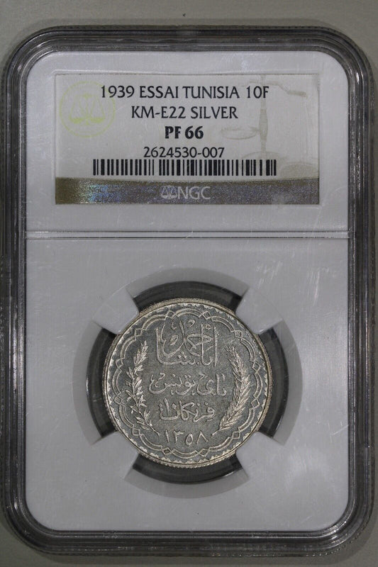 1939 Essai Proof Silver Pattern Coin Tunisia 10 Francs - KM-E22 Silver NGC PF66