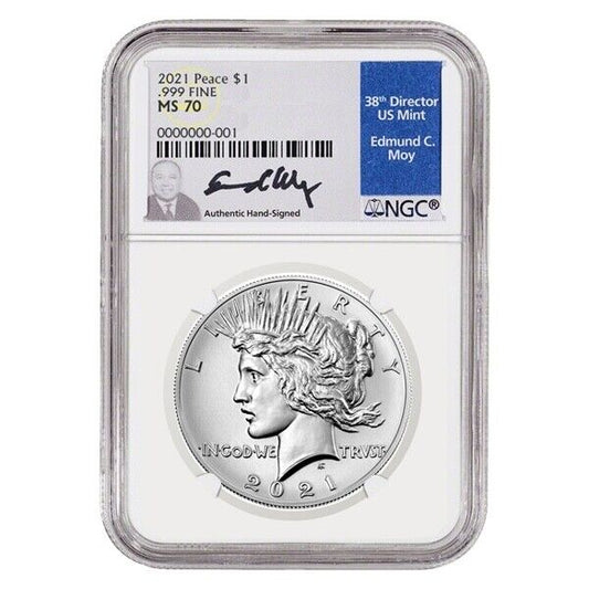 2021 (MS70) Peace Silver Dollar NGC - Edmund Moy Signed Label