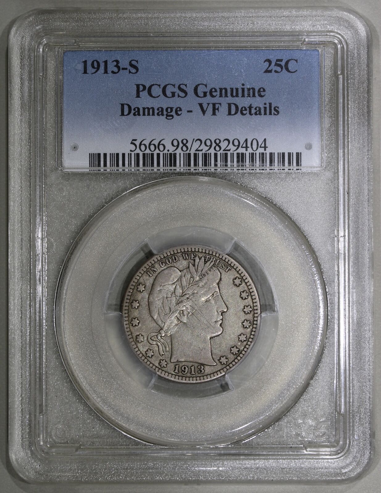 1913-S (VF Details) Barber Quarter 25c PCGS Graded Coin