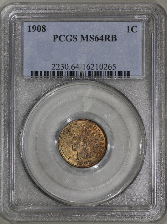 1908 (MS64 RB) Indian Head Cent 1c PCGS Graded Penny