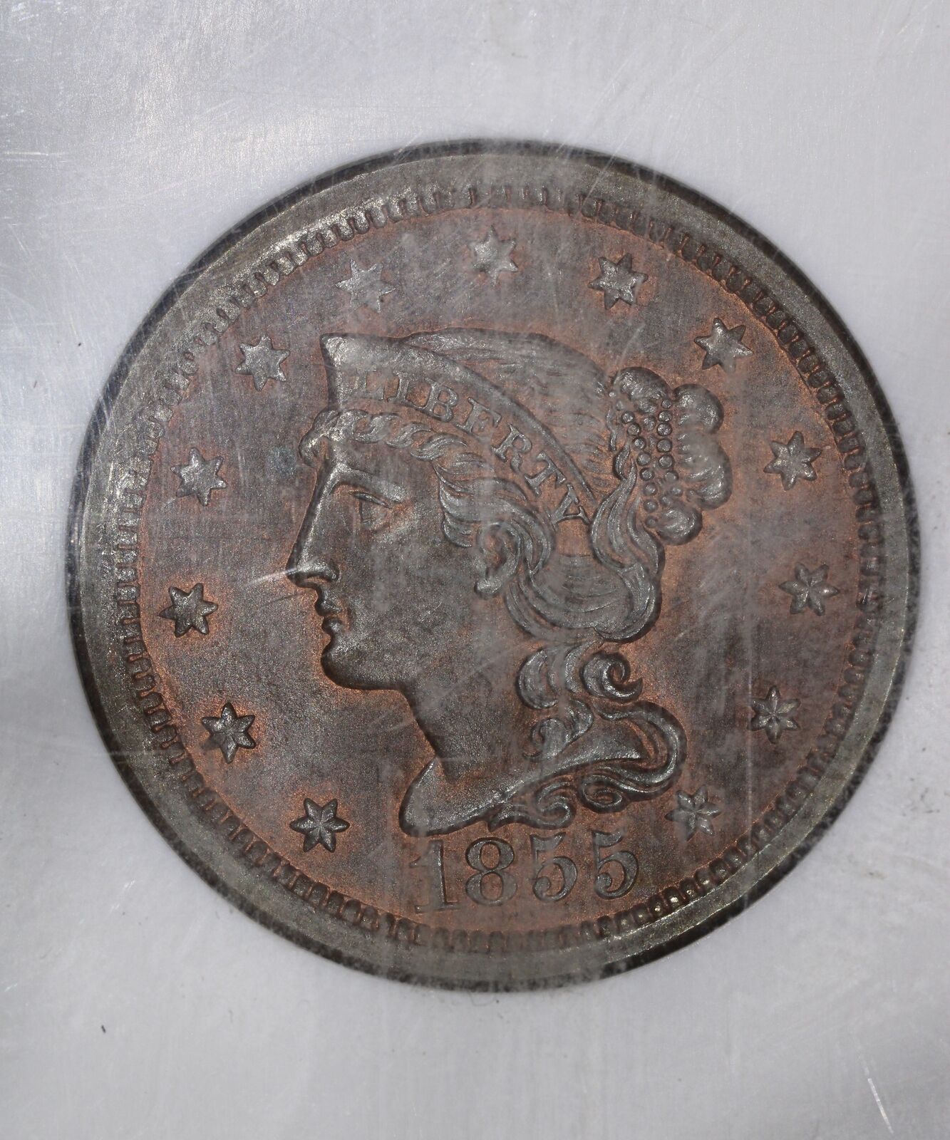 1855 Upright 5 (MS66 RB) N-2 Braided Hair Large Cent 1c NGC Graded Coin