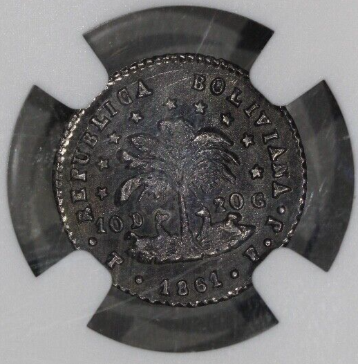 1861 PTS FJ Bolivia 1/2 Half Sol P/T Monogram NGC AU58 Toned Silver Coin