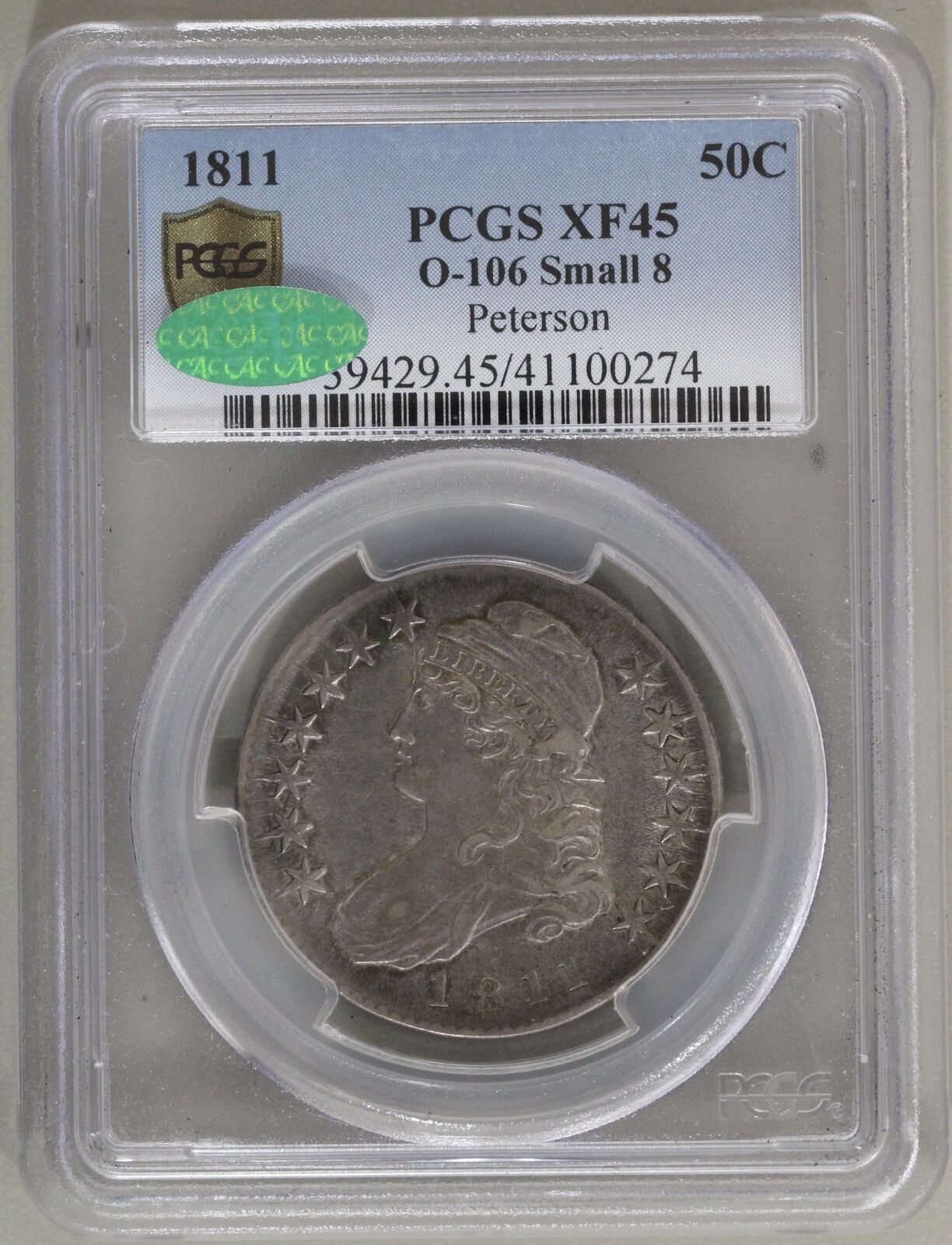 1811 (XF45 CAC) O-106 Small 8 Peterson Capped Bust Half Dollar 50c PCGS Coin