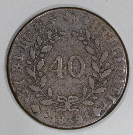 1832 Portugal Pataco 40 Reis Miguel I Bronze Coin - KM#341