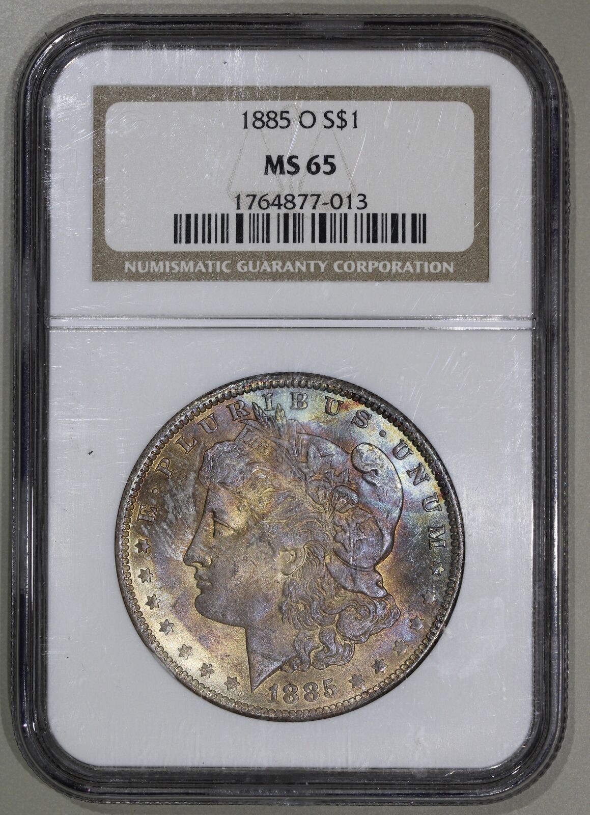1885-O (MS65) Morgan Silver Dollar Toned NGC (End of Roll) Toner Rainbow Color