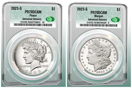 2023-S Proof Morgan & Peace Silver Dollar $1 (PR70) CAC Advanced Delivery AD