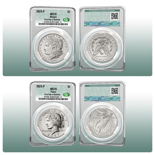 2023 Morgan & Peace Silver Dollar (MS70) 2pc Coin Set - (CACG) CAC Graded FDOD