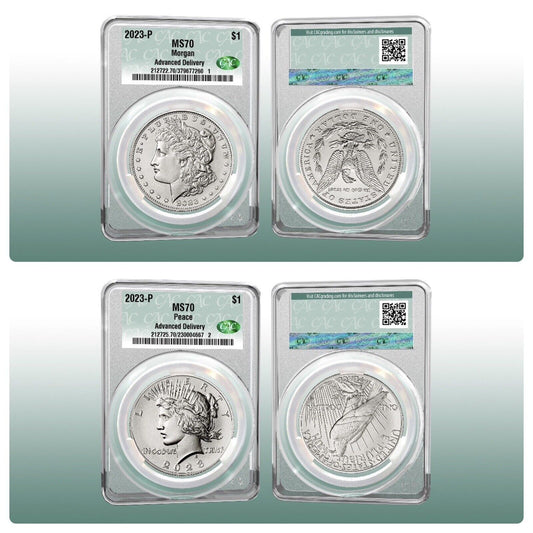 2023 Morgan & Peace Silver Dollar (MS70) 2pc Coin Set - (CACG) CAC Graded AD