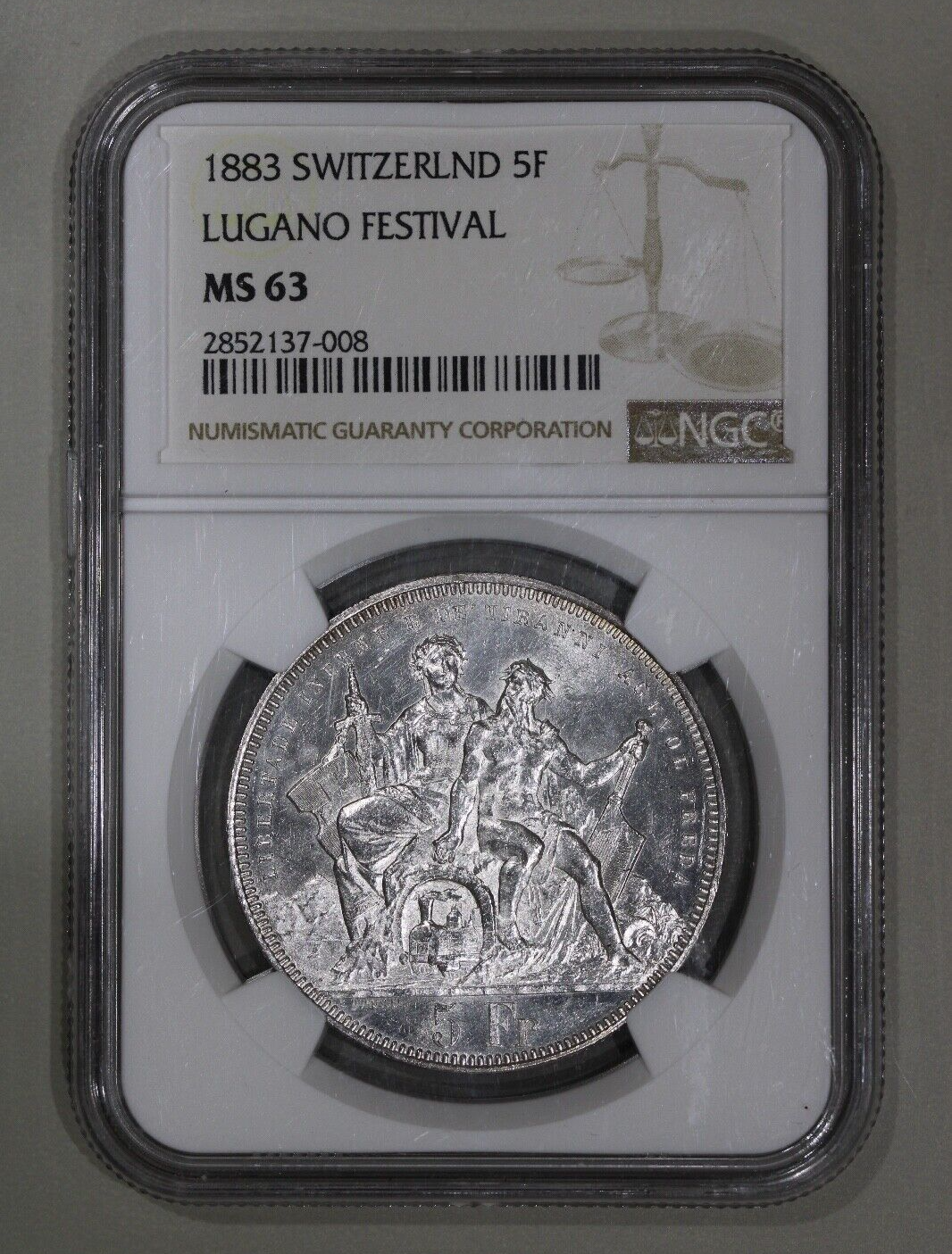 1883 Switzerland 5 Francs Shooting Thaler Lugano NGC MS63 Silver Coin