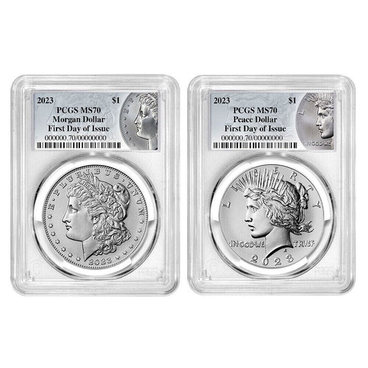 2023 Morgan & Peace Dollar $1 (MS70) PCGS First Day of Issue FDOI - 2pc Coin Set