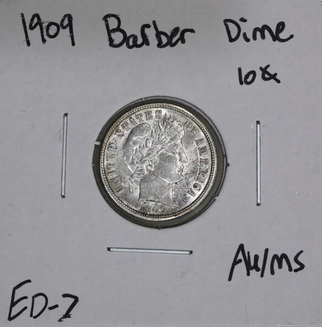 1909-P (AU/UNC) Barber Dime 10c - About Uncirculated US Coin