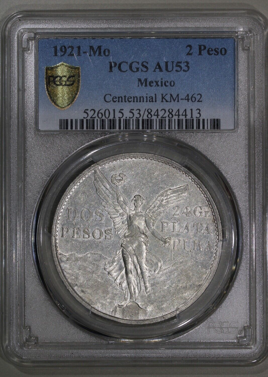 1921 Mexico 2 Dos Pesos Libertad Silver Coin Centennial PCGS AU53