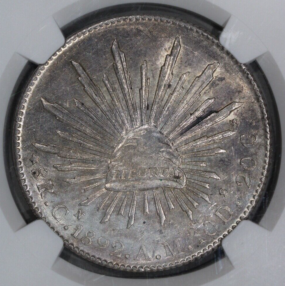 1892-Cn Mexico Cap & Rays 8 Reales NGC MS62 Uncirculated Silver Coin