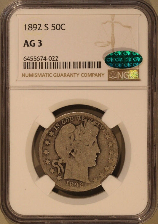1892-S (AG3 CAC) Barber Half Dollar 50c NGC Graded Coin