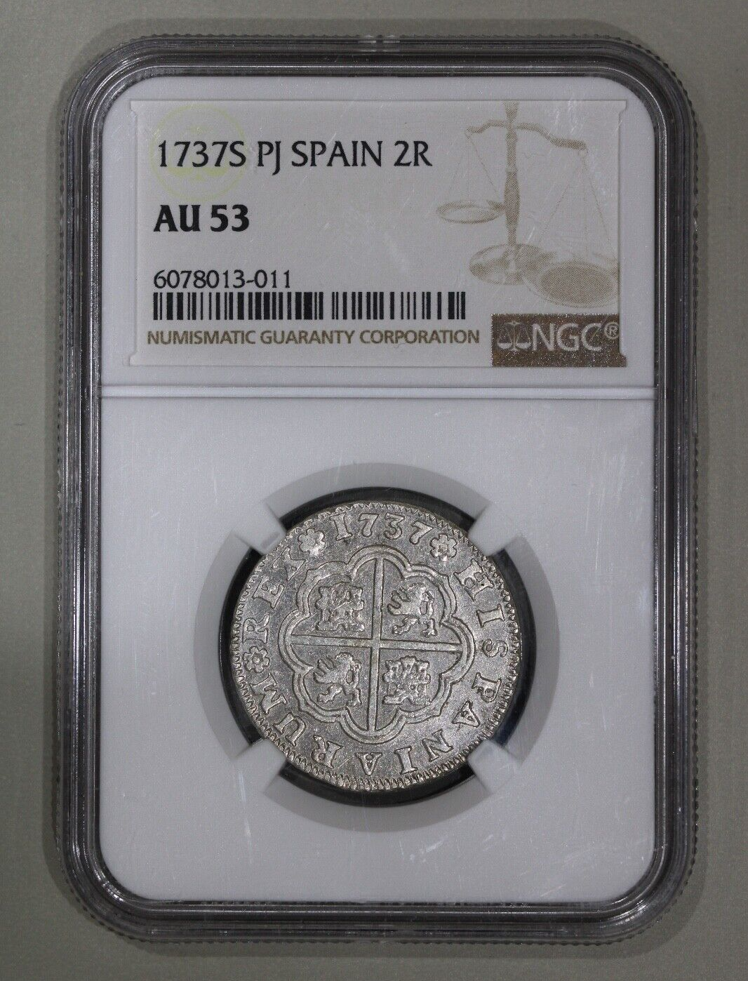 1737 PJ Seville Spain 2 Reales NGC AU53 Silver Coin