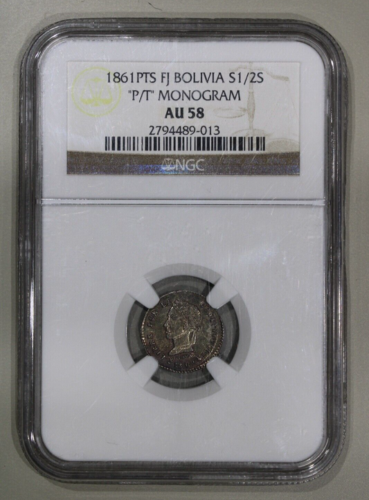 1861 PTS FJ Bolivia 1/2 Half Sol P/T Monogram NGC AU58 Toned Silver Coin