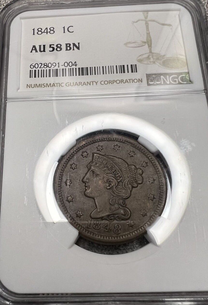 1848 (AU58 BN) Braided Hair Large Cent 1c NGC Graded Coin