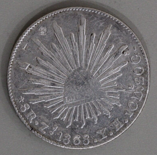 Mexico 1868-Zs Cap and Ray 8 Reales Chopmarked - Zacatecas Mint Silver Coin