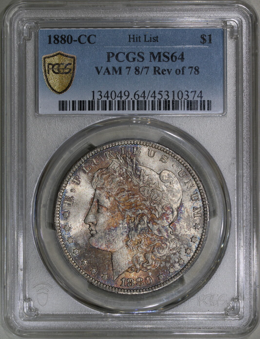 1880-CC (MS64) VAM 7 Morgan Silver Dollar $1 PCGS - 8/7 Rev of 1878 - Reverse 78