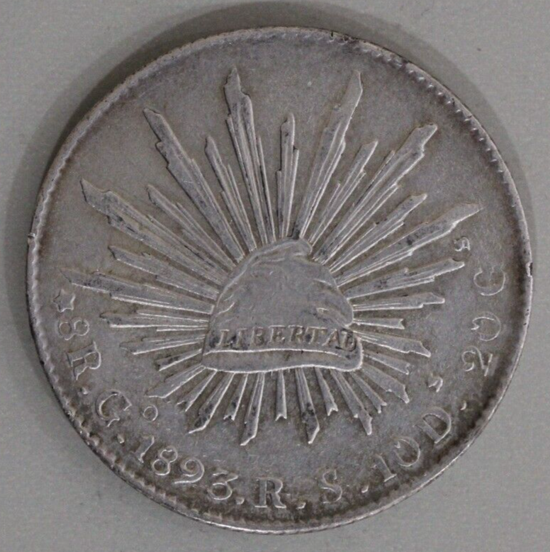 Mexico 1893-Go Cap and Ray 8 Reales - Guanajuato  Mint Silver Coin