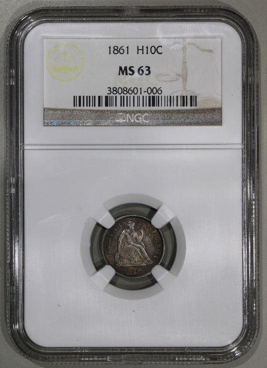 1861 (MS63) Seated Liberty Half Dime H10C Silver NGC Graded Coin