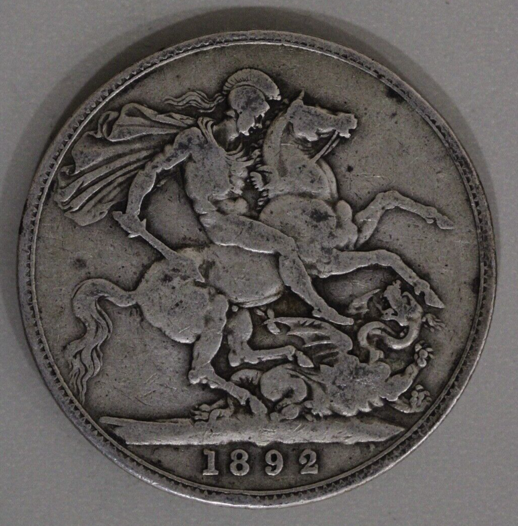 1892 One 1 Crown United Kingdom Queen Victoria Sterling Silver Coin