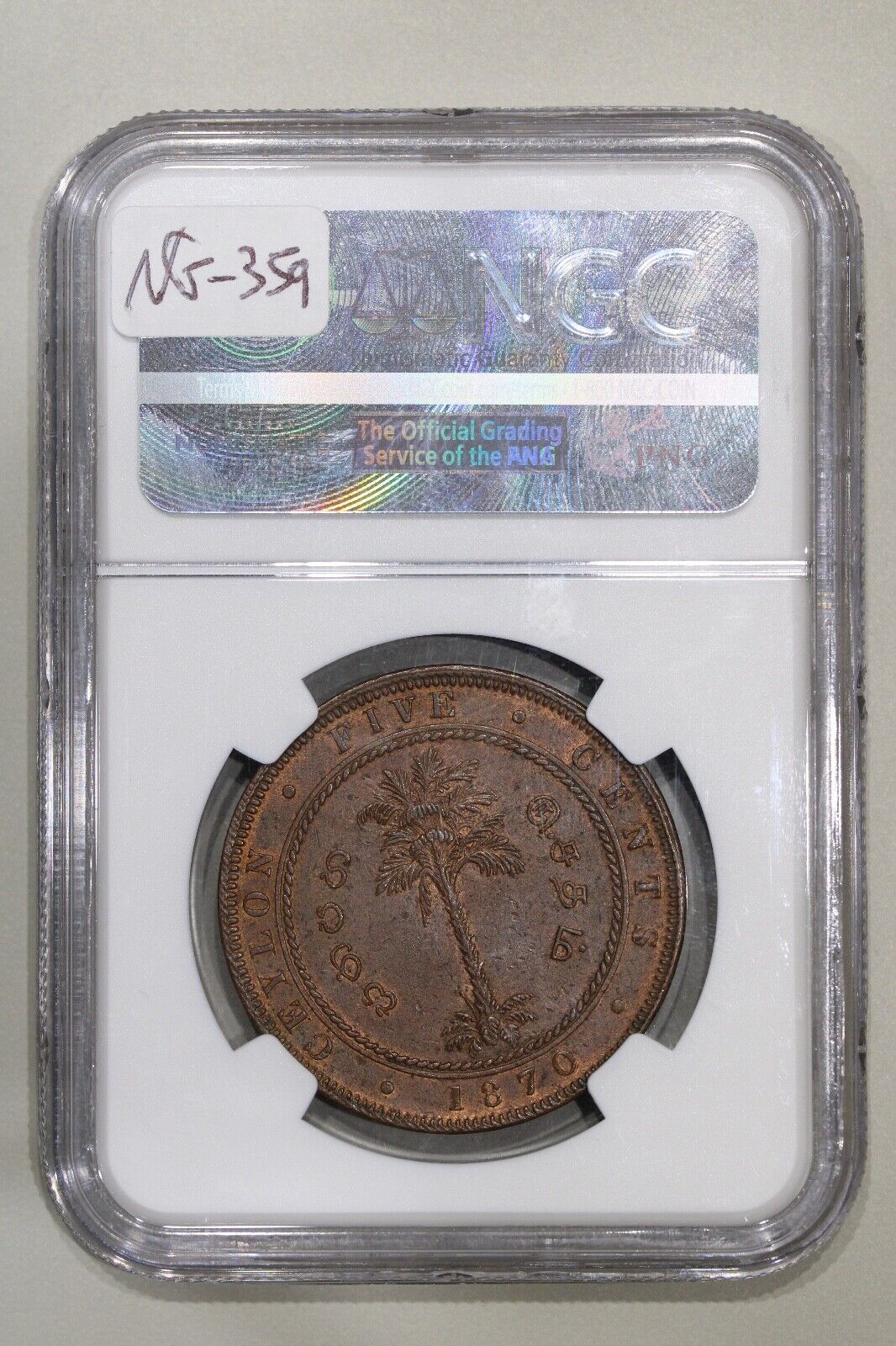 1870 Ceylon Sri Lanka 5 Cent Copper Coin NGC AU 58 BN