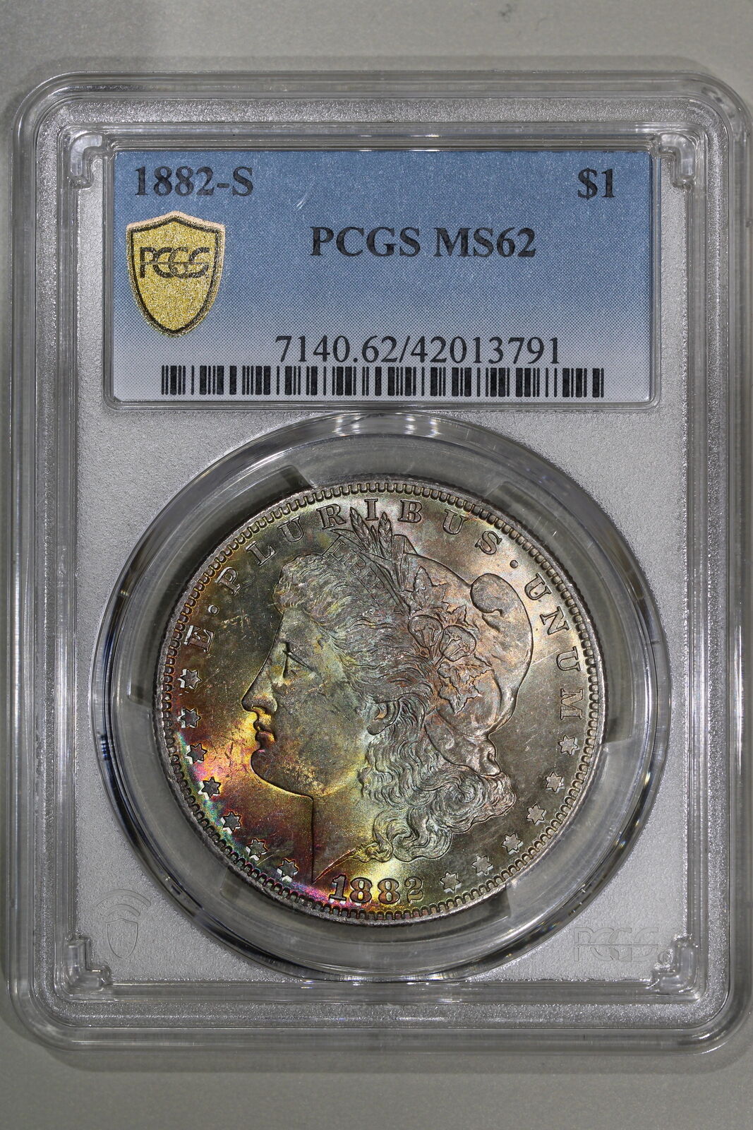 1882-S (MS62) Morgan Silver Dollar $1 PCGS Graded Coin Toned RAINBOW Toner
